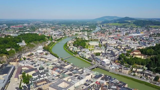 Salzburg city aerial panoramic view in Salzburg region of Austria
