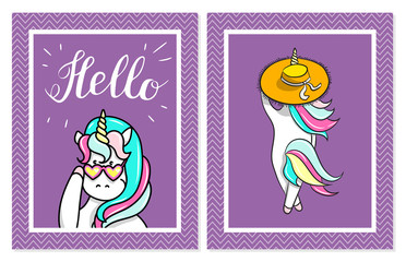 Hand drawn illustration of magic unicorns. Hello text. Can be used for greeting, birthday and invitation card.