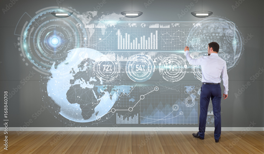 Poster Businessman using graph screens interface on a wall 3D rendering