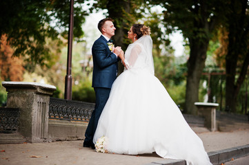 Good-looking newly married couple walking and enjoying each other's company in the park on a bright and sunny wedding day.