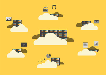 flat design, cloud computing concept, cloud sever, data storage service, big data and cloud technology.
