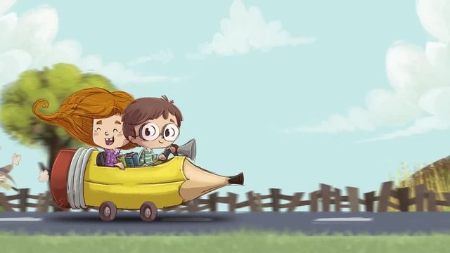 Niños camino del cole en un coche lapiz