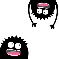 Screaming monster head silhouette set. Two eyes, teeth, tongue, hands. Hanging upside down. Black Funny Cute cartoon character. Baby collection. Happy Halloween card. Flat design. White background.