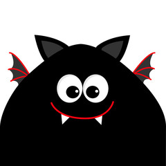 Funny monster head silhouette with big eyes, fang tooth and wings. Cute cartoon character. Black red color. Baby collection. Isolated. Happy Halloween card. Flat design.