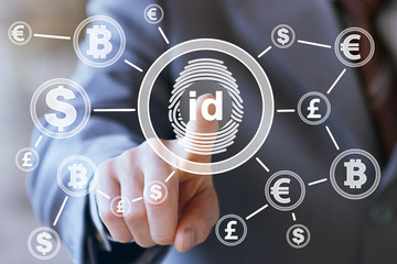 Businessman presses button fingerprint security id currenci.
