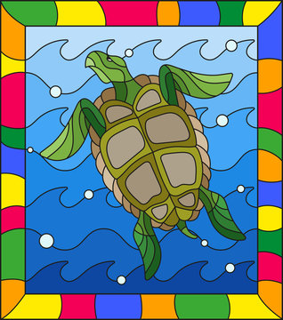 Illustration in stained glass style turtle into the waves and bubbles of air in a bright frame