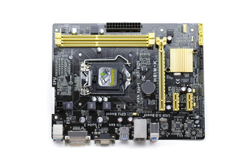 Image of Computer Motherboard on a white background. Equipment and computer hardware