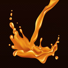 Caramel flow. Realistic falling drops and splash. Element for your design. Vector illustration. 