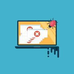 Computer virus. The computer is infected, there are a lot of alert messages. Flat vector illustration