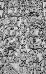 Fototapeta na wymiar ORVIETO, ITALY - JULY 2017- Close-up of the opulent and elaborated embossed sculptures in the Orvieto Cathedral (Duomo), black and White