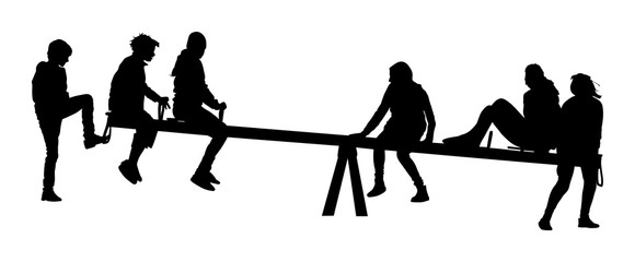 Naklejka premium Children play on a seesaw. Seesaw, to teeter vector. Kids fun in park. Adolescents after school. Happy friends outdoor recreation. Girls and boys swinging, vector silhouette illustration.