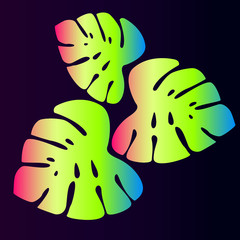 Three bright neon tropical leaves on a violet gradient background