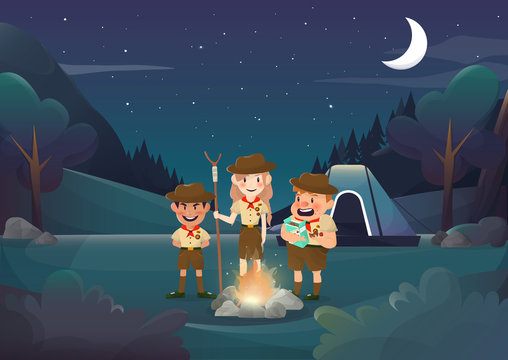 Three scouts camping for activity in the night illustration.vector