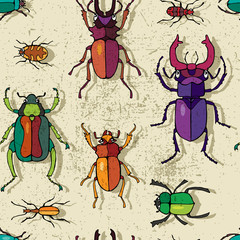 Seamless pattern with a orange, purple, green beetles on beige grunge background. Vector illustration.