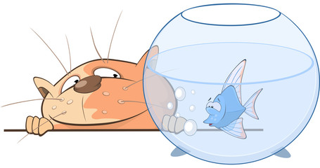Funny Cat Playing with Nice Fish. Cartoon Character.Illustration 