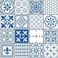 Stof per meter Portugees tegelspatroon, Lissabon naadloze indigoblauwe tegels, Azulejos vintage geometrisch keramisch ontwerp © redkoala