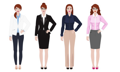 Fototapeta premium Young woman in different office outfit, businesswoman look, vector illustration set