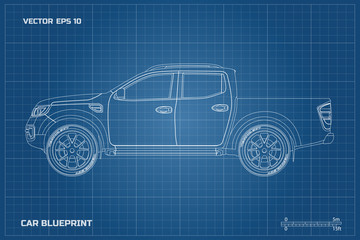 Drawing of the car on a blue background. Side view of pickup. Industrial blueprint of SUV. Vector illustration