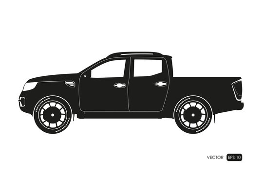 Black silhouette of SUV. Drawing of car on a white background. Side view of pickup
