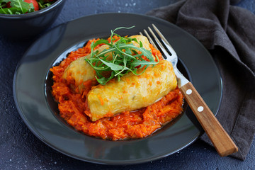 Stuffed cabbage rolls with cabbage and minced meat. Ukrainian food.