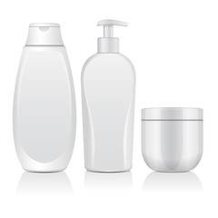 Set Of Realistic White Cosmetic Bottles. Tube, Container For Cream, Bottle With Dispencer. Vector Mock Up Illustration
