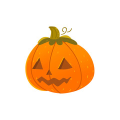 Cute, funny Halloween pumpkin jack-o-lantern with triangular eyes and funny smile, cartoon vector illustration isolated on white background. Pumpkin lantern with smiling face, Halloween decoration