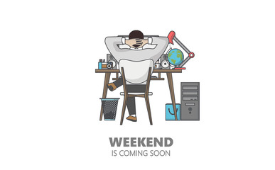 Flat Style Vector Graphics of Businessman Relax in the Office. Weekend coming soon.