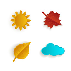 vector cartoon autumn symbol objects set. Isolated illustration on a white background. Sun, cloud oak and maple leaves. Autumn object concept