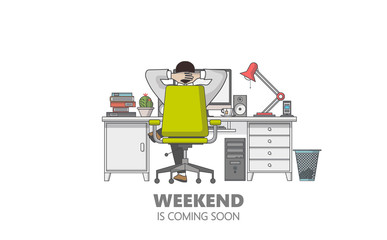 Flat Style Vector Graphics of Businessman Relax in the Office. Weekend coming soon.