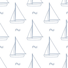 Sails in blue outline and white plane style on white background. Seamless pattern.