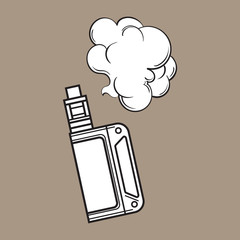 Hand drawn vape, vaping device with smoke cloud, black and white sketch vector illustration isolated on color background. Realistic hand drawing of vape, vaporizer device emitting smoke cloud