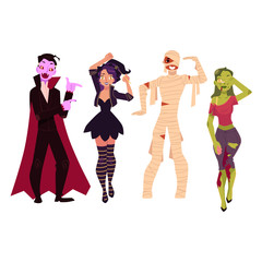People in Halloween party costumes - witch, zombie, vampire, dracula, mummy, cartoon vector illustration isolated on white background. Friends dressed for Halloween - witch, zombie, dracula, mummy