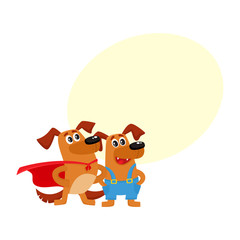 Greeting card, banner, poster template with two funny dog characters, hero and worker, cartoon vector illustration. Two funny dogs, in red cape and blue overalls, poster, banner, greeting card design