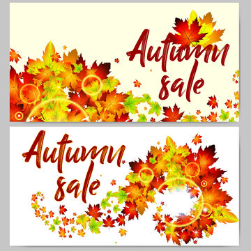Set of autumn cards with yellow and red foliage of maple. Realistic Vector illustration with text sale
