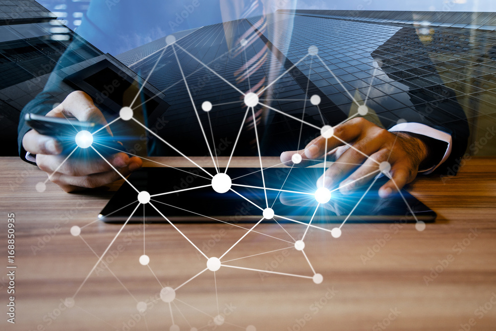 Poster business person using digital devices. Internet of Things. Information Communication Technology. mixed media.