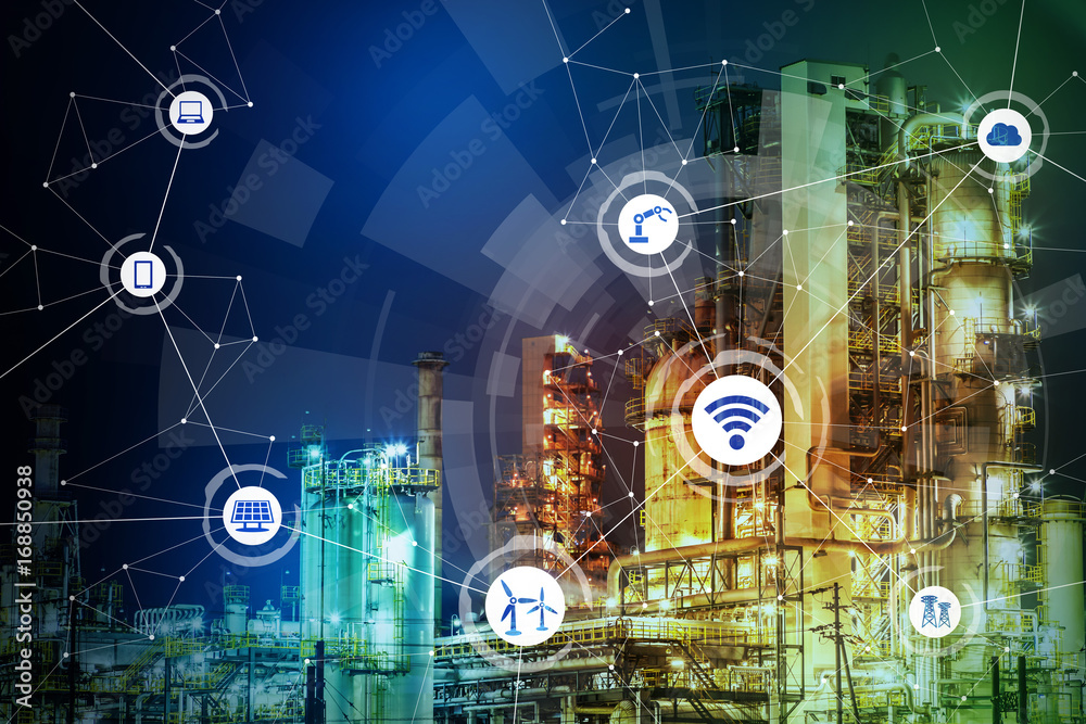 Aufkleber smart factory concept. internet of things. information communication network. mixed media.