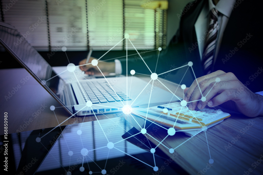 Poster business person using digital devices. Internet of Things. Information Communication Technology. mixed media.