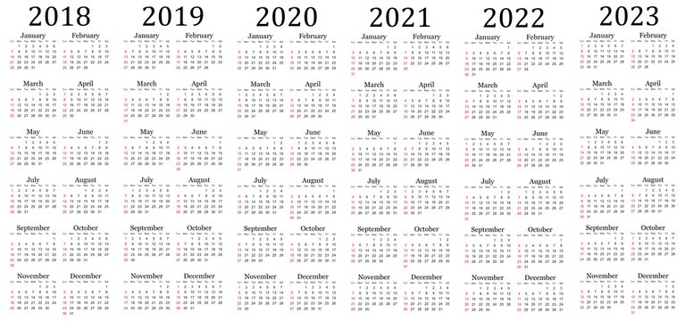 Six year calendar - 2018, 2019, 2020, 2021, 2022 and 2023 in white background.