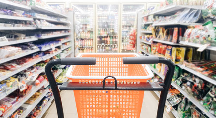 Blurred photo of store with empty shopping Cart or trolley in Supermarket store .