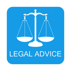Icono plano LEGAL ADVICE con balanza en cuadrado azul