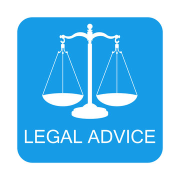 Icono plano LEGAL ADVICE con balanza en cuadrado azul