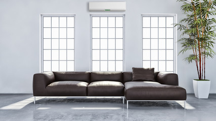Modern bright living room with air conditioning, white wall. 3D rendering