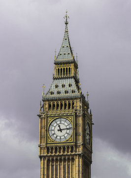 Close up of the clock face of Big Ben in Westminster, London on a clear sunny day.