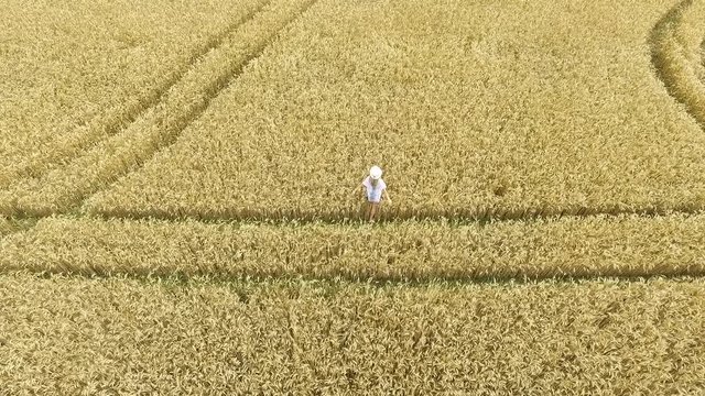 frau im wei&szlig;en sommerkleid l&auml;uft fr&ouml;hlich h&uuml;pfend duch Kornfeld luftaufnahme