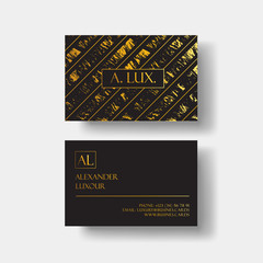 Elegant black luxury business cards with marble texture and gold detail vector template, banner or invitation with golden foil details. Branding and identity graphic design