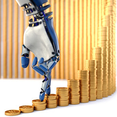 Robot fingers walking up on stacks of coins. Isolated on white background. 3d rendering.