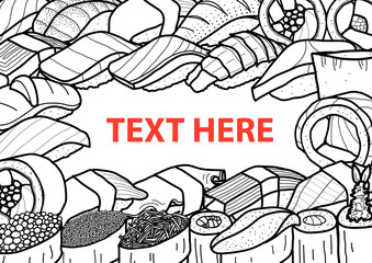 A lot of sushi in black outline random with text at the center on white background. Cover, poster or  paper plate mat design. Cute Japanese food hand drawn style.