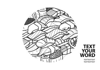 Sushi and roll in black outline random in circle at the middle with text on white background. Cover, poster or paper plate mat design. Cute Japanese food hand drawn style.