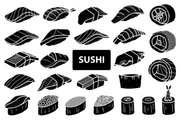 Set of 25 isolated silhouette sushi and roll. Cute Japanese food hand drawn style.