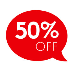 Special offer 50% off sale red speech bubble tag vector illustration. Discount offer price label, symbol advertising in retail, sale promo marketing, 50% off discount sticker, ad offer on shopping day